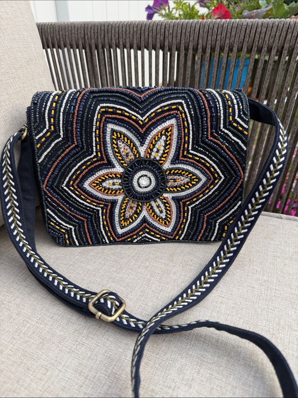 Embroidered Beaded Floral Crossbody Bag - Navy with Gold & Cream Accents